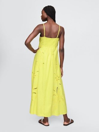 Vestido longo bordado em mistura de linho