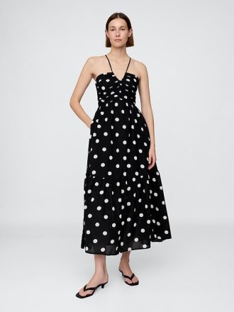 Vestido longo com corpete franzido e alças finas