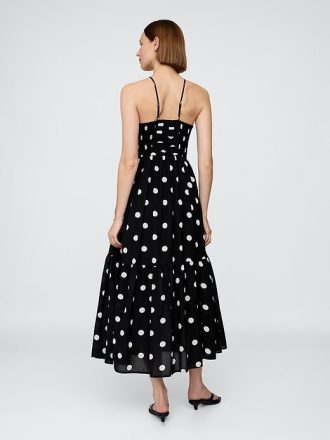 Vestido longo com corpete franzido e alças finas