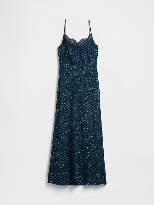 Vestido longo com decote coração e acabamento em renda crepe Vestido longo com decote coração e acabamento em renda crepe