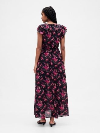 Vestido longo com decote em V e babados