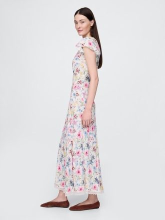 Vestido longo de crepe com decote em V e acabamento em renda