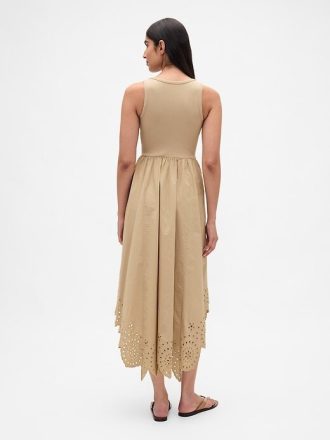 Vestido midi com bainha de lenço e técnica mista