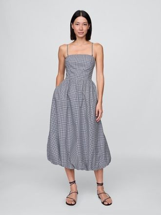 Vestido midi com bolhas e estampa xadrez popeline