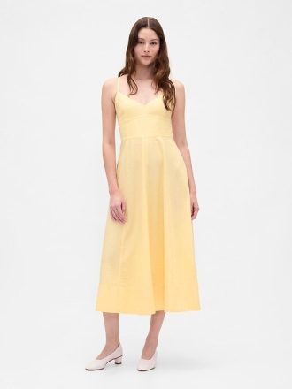 Vestido midi com espartilho e costura em mistura de linho