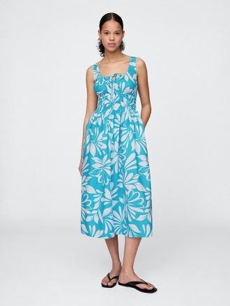 Vestido midi com franzido em popeline