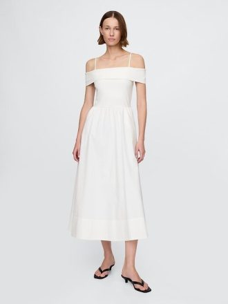 Vestido midi ombro a ombro com técnica mista