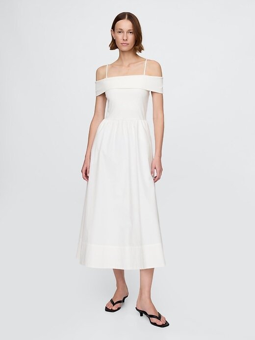 Vestido midi ombro a ombro com técnica mista Vestido midi ombro a ombro com técnica mista