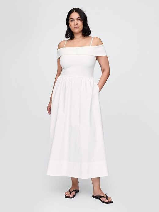 Vestido midi ombro a ombro com técnica mista Vestido midi ombro a ombro com técnica mista