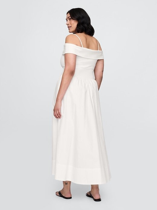 Vestido midi ombro a ombro com técnica mista Vestido midi ombro a ombro com técnica mista