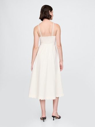 Vestido midi recortado em mistura de linho