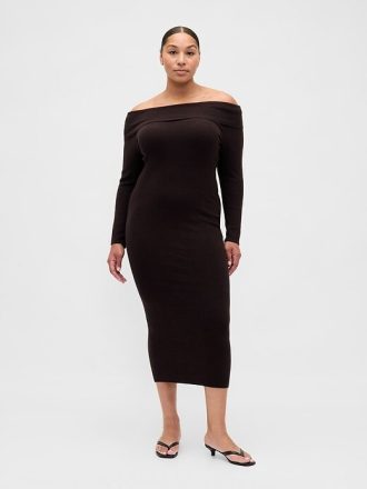Vestido suéter midi com ombros à mostra e elástico CashSoft