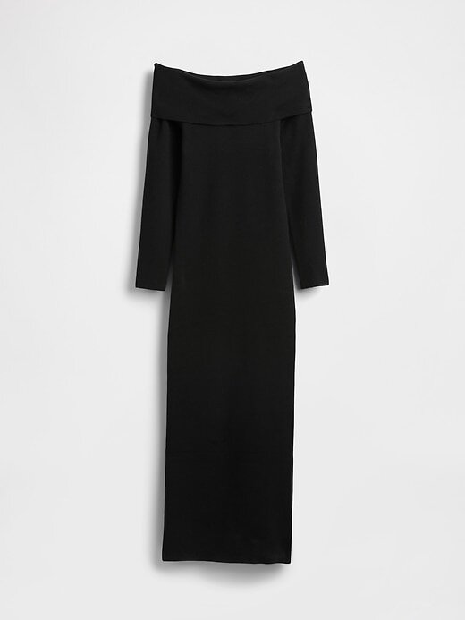 Vestido suéter midi com ombros à mostra e elástico CashSoft Vestido suéter midi com ombros à mostra e elástico CashSoft